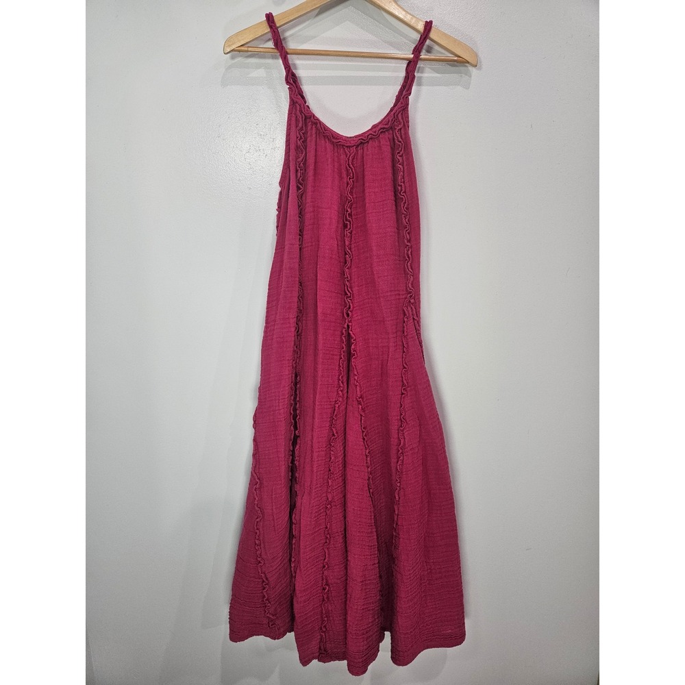Free People Magenta Pink Gauze Ruffle Midi Dress Braided Straps XS Boho Cotton
